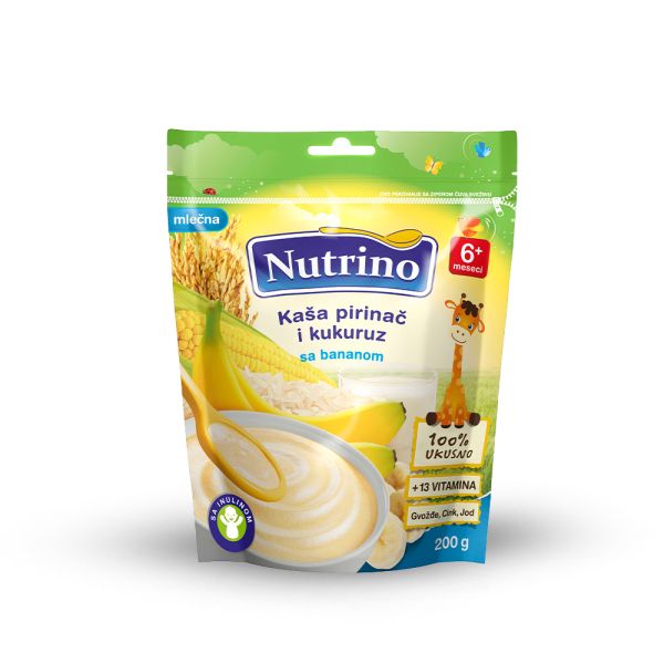 NUTRINO, MLEČNA KAŠA PIRINAČ I KUKURUZ SA BANANOM, 200 g